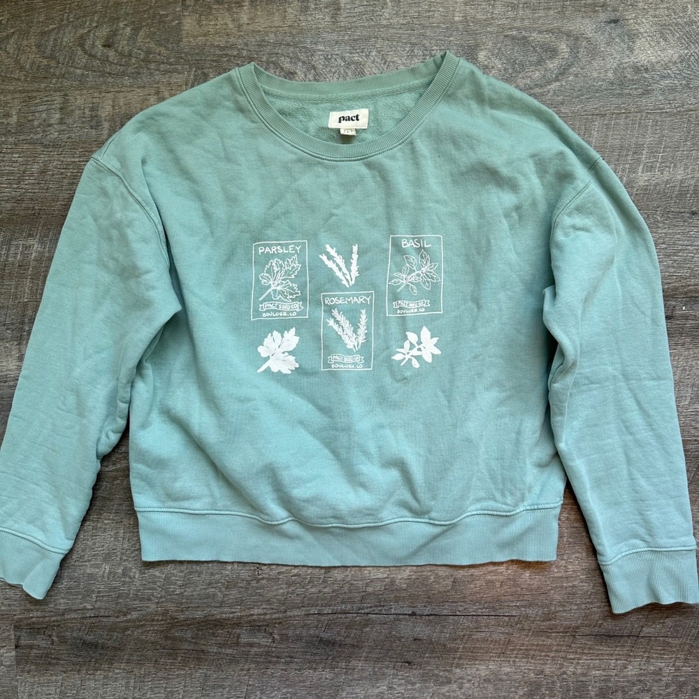 Pact Organic Cotton‎ Herb Seed Packet Sweatshirt L Relaxed Sage Green Graphic